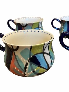 Set of 4 Anthropologie Kinetic Stencil Tea Coffee Cups Colorful Abstract Mugs